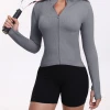 European and American zippered top, threaded long-sleeved top, high-elastic yoga wear, fitness and running sportswear worn outside Specification image